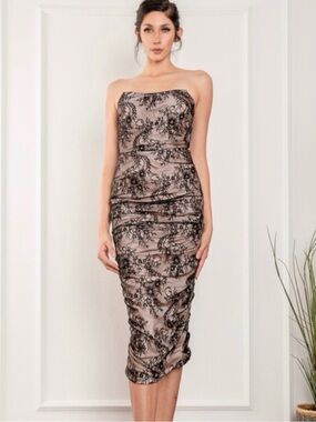 Rosevelvet, Strapless Lace-Overlay Evening Dress in Taupe and Black, L NWT
